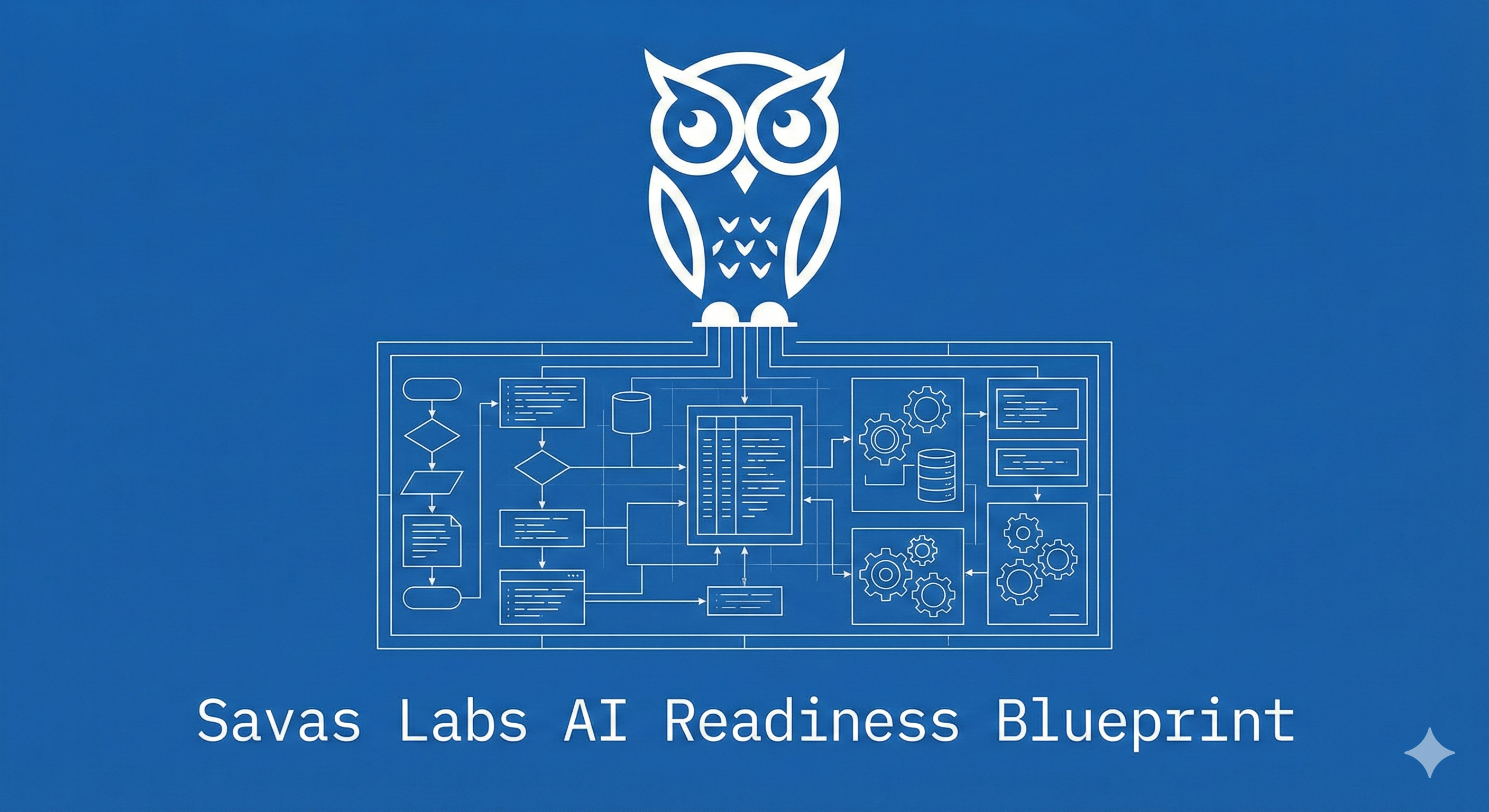 Using a technical blueprint aesthetic, this image visually represents the "Readiness Assessment" as the creation of a solid, foundational plan. The owl is the master architect, overseeing the complex system. This is ideal for clients who want to see a structured and methodical approach.